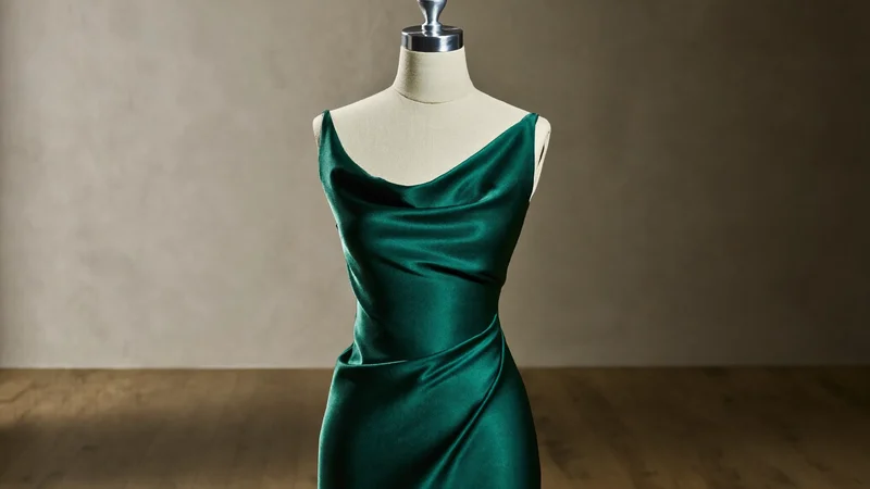 Grünes Satin-Midikleid auf einer Schneiderpuppe im hellen Studio